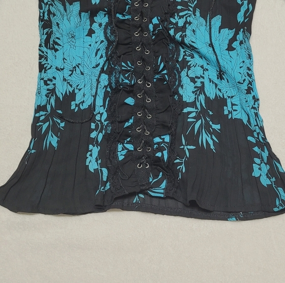 Gothic Vintage Lace-up Corset Black Teal Long Flare Sleeve Plisse Pleated Blouse - Picture 5 of 11